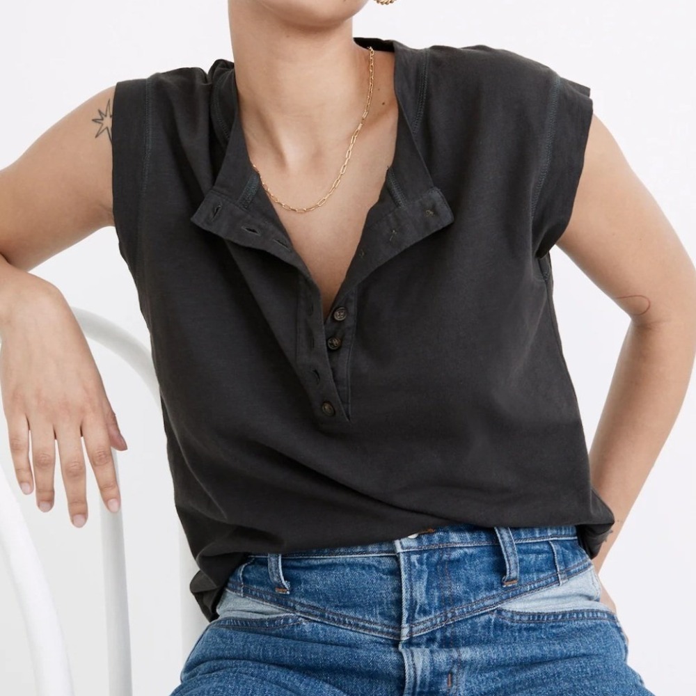 Madewell Tank Top Women XS Charcoal Henley Sleeveless Button Front Cotton